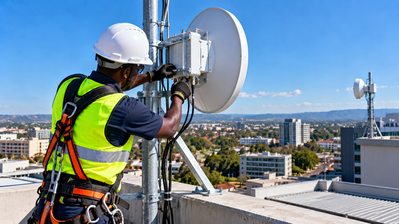 A technician installing a point-to-point internet link on a business rooftop.