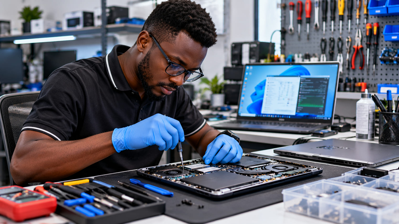 A computer technician diagnosing a laptop at a repair workstation.