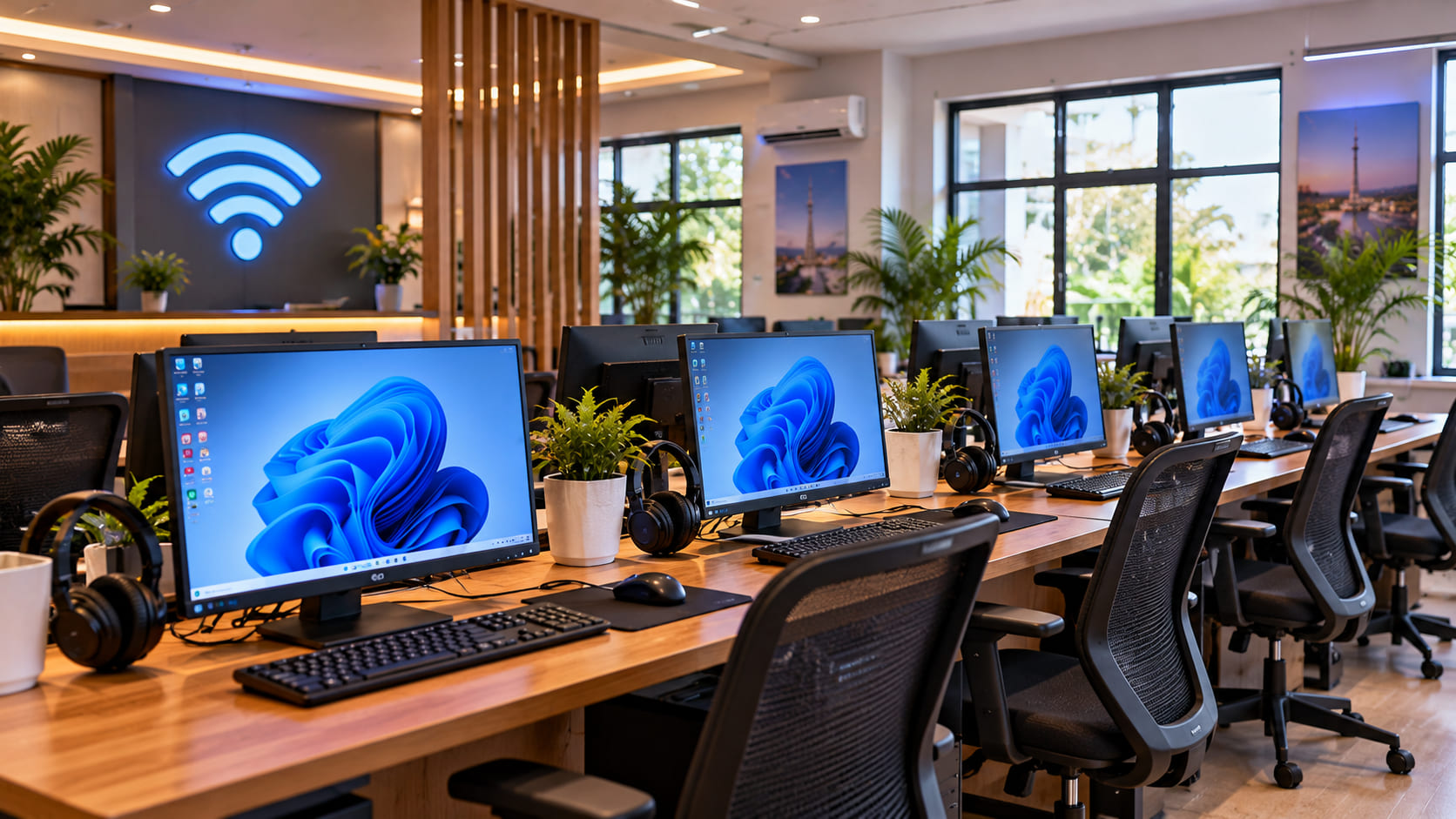 A welcoming computer workspace with several connected desktop stations.