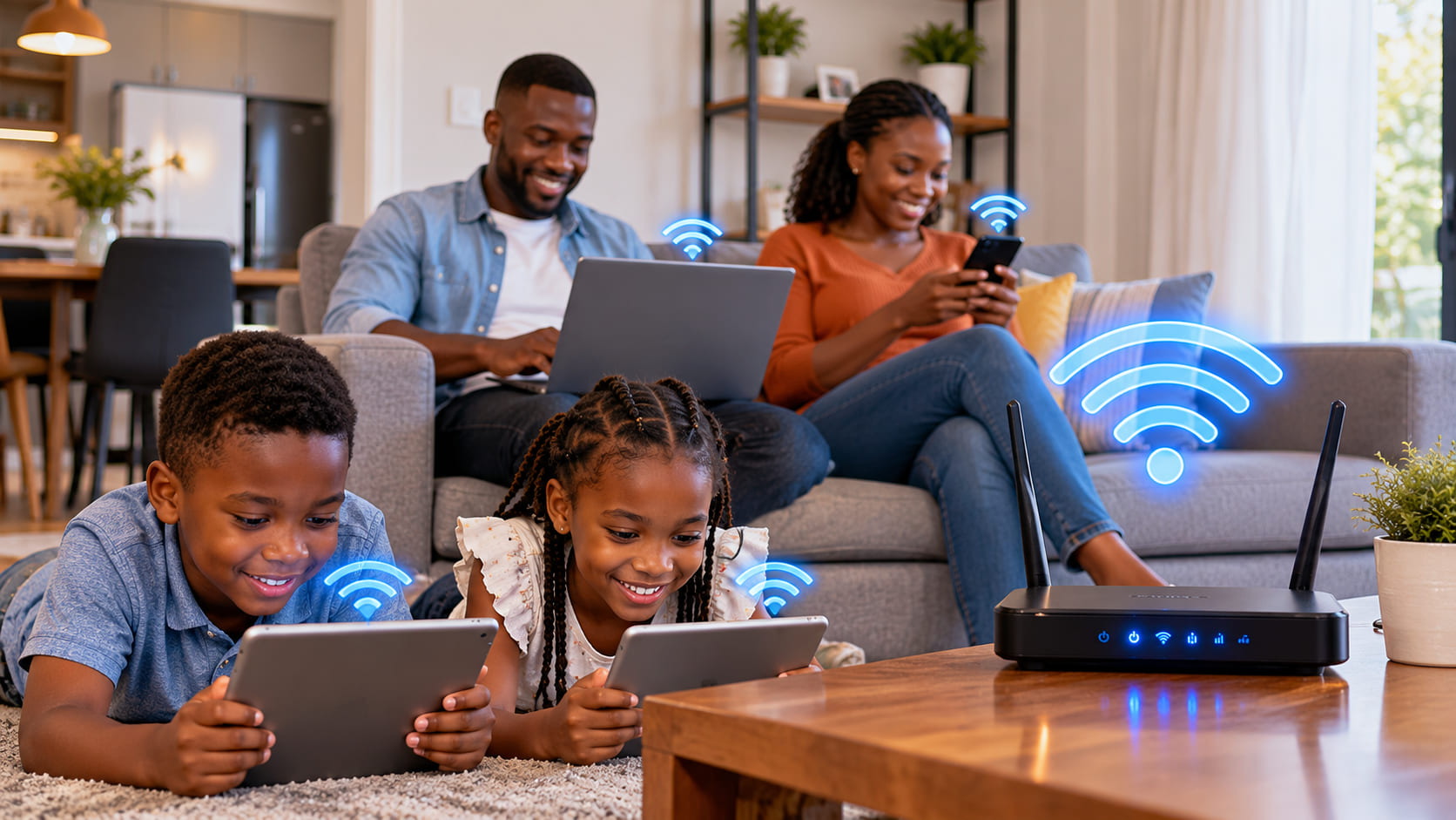 A family using connected devices at home while a router provides Wi-Fi.
