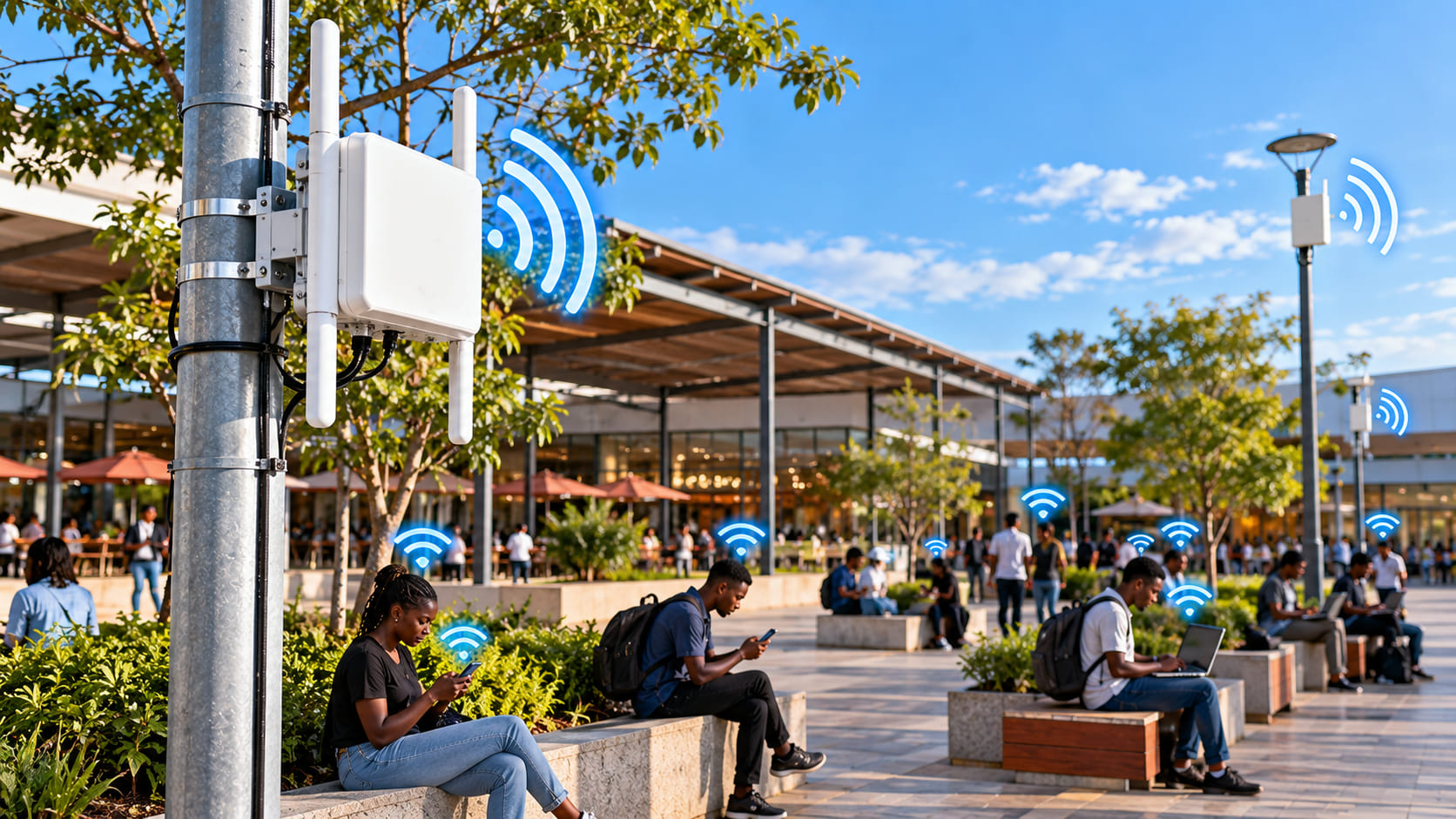 Outdoor Wi-Fi access points providing coverage across a shared public space.